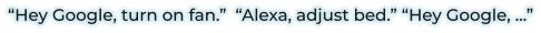 “Hey Google, turn on fan.”  “Alexa, adjust bed.” “Hey Google, …”